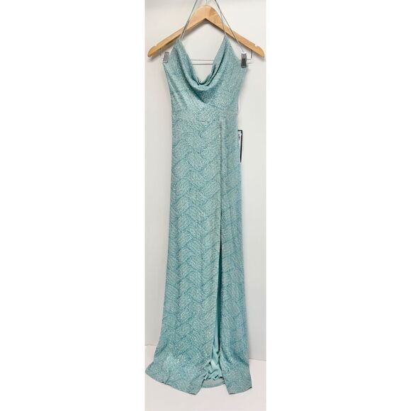 B Darlin‎ Gown Size Small Green Mint Open Back Side Slit Spaghetti Strap - Picture 3 of 11